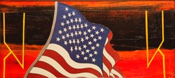 Practice Field With Flag 10.75X24 oil and collage 2014 initialed